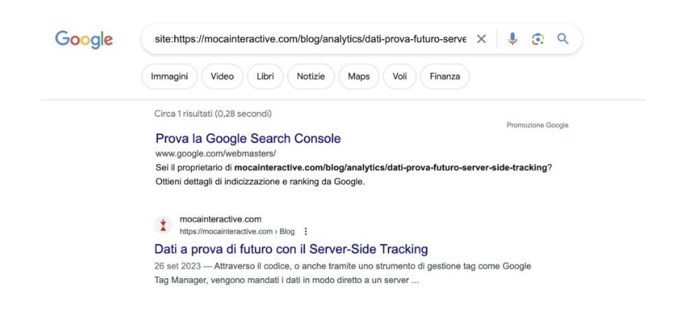 Esempio di comando site: seguito dall’indirizzo url esatto
